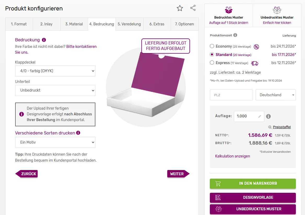 madika.de: Schritt Bedruckung mit Lieferzeit, Auflage und Preiskalkulation