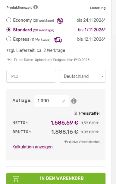 madika.de: Konfigurator mit Lieferzeit, Auflage und Preiskalkulation