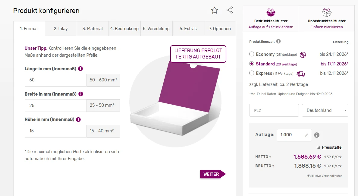 Konfigurator von madika.de: Maße eingeben, Produktionszeit wählen, Preis sofort sehen