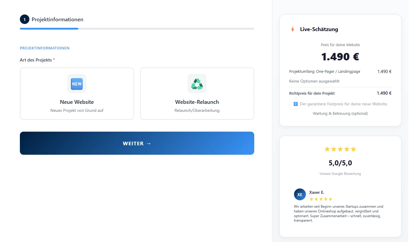 schwiha.de: bisheriger Website-Konfigurator mit Live-Preisschätzung