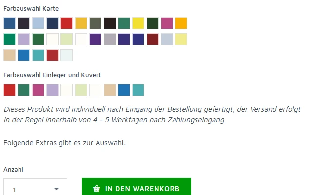 Tausendschön Karten: Farbauswahl für Karte, Einleger und Kuvert mit Warenkorb